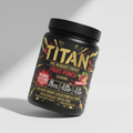Black tub of Titan Pre-Workout Fruit Punch with gold text, lightning bolt graphics, and 30-serving label.