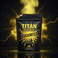 Black pouch of TITAN Pre-Workout Energy Powder with bold yellow lightning graphics, text, and crown logo on black.