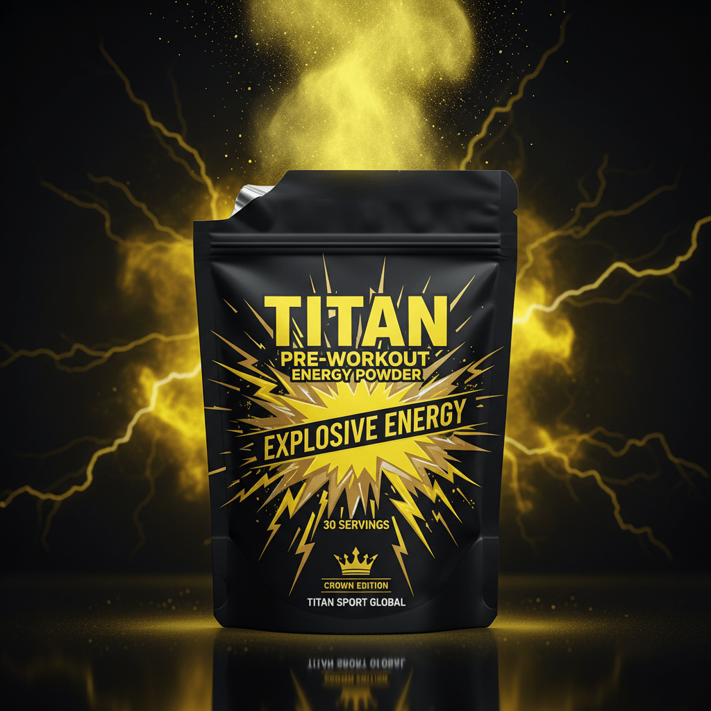 Black pouch of TITAN Pre-Workout Energy Powder with bold yellow lightning graphics, text, and crown logo on black.