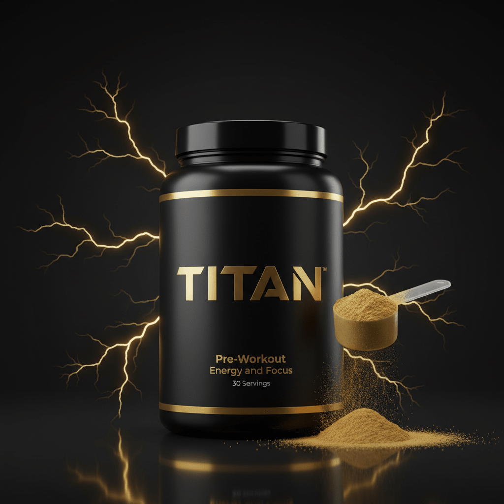 Black tub of TITAN Pre-Workout with gold text, surrounded by lightning effects, with a scoop of powder and pile below.