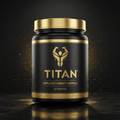 Black tub of TITAN Pre-Workout with gold lid, logo, and Greek key border on a dark, reflective surface with gold dust.