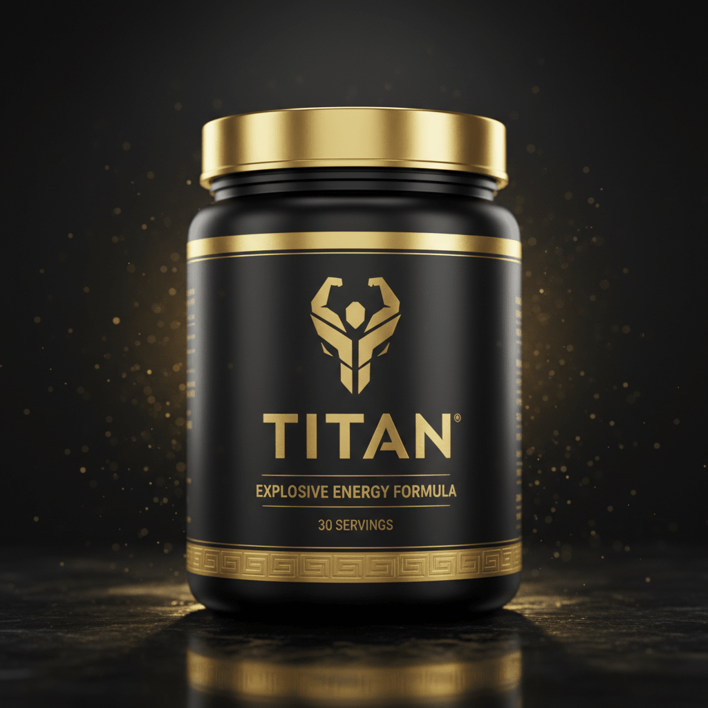 Black tub of TITAN Pre-Workout with gold lid, logo, and Greek key border on a dark, reflective surface with gold dust.