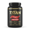 Black tub of TITAN Fruit Punch pre-workout with gold lettering, red paint-stroke graphic, and 30-serving label.