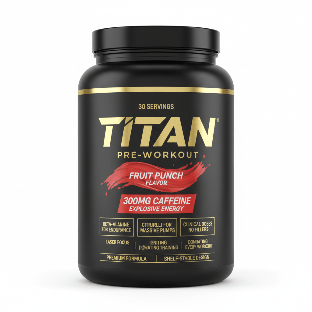 Black tub of TITAN Fruit Punch pre-workout with gold lettering, red paint-stroke graphic, and 30-serving label.