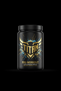 Black tub of Titan Pre-Workout with a gold winged logo, blue and gold energy burst accents on a black background.