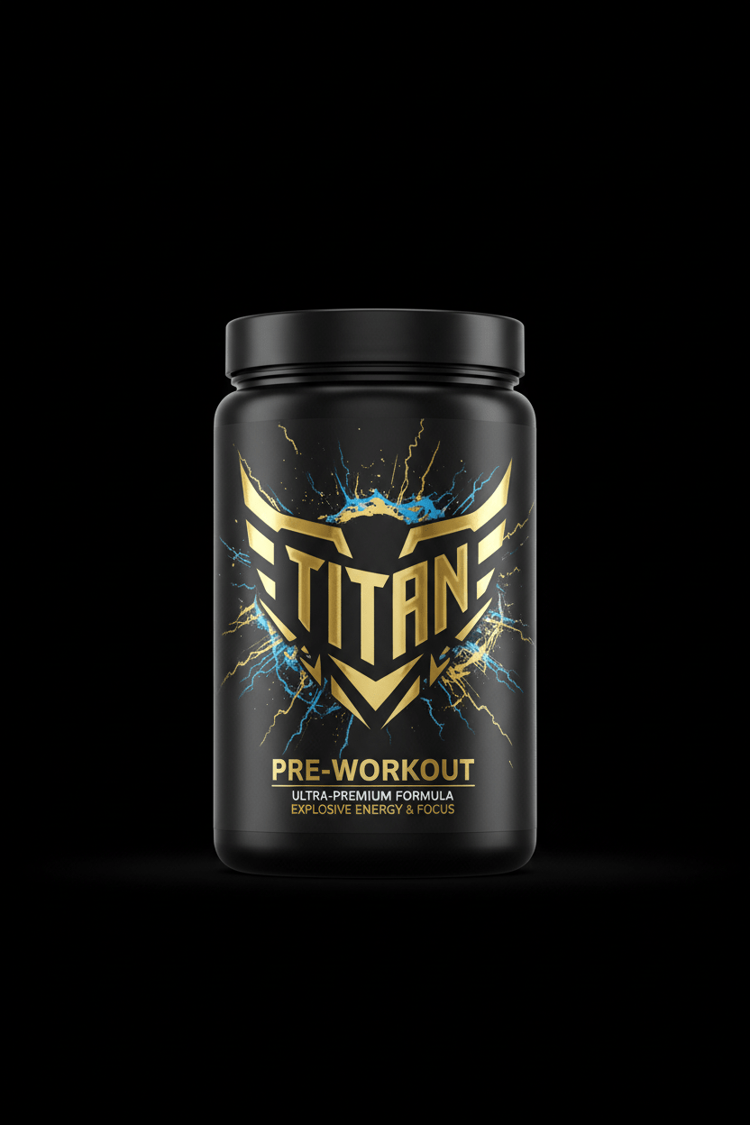 Black tub of Titan Pre-Workout with a gold winged logo, blue and gold energy burst accents on a black background.