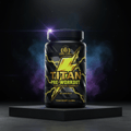 TITAN Pre-Workout black tub on a pedestal with glowing yellow lightning bolt, gold logo, and purple-blue mist background.
