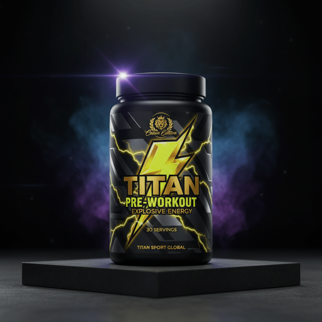 TITAN Pre-Workout black tub on a pedestal with glowing yellow lightning bolt, gold logo, and purple-blue mist background.