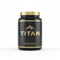 Black supplement jar with gold lid, "TITAN" logo, mountain icon, and "Organic Energy Pre-Workout" text in gold.