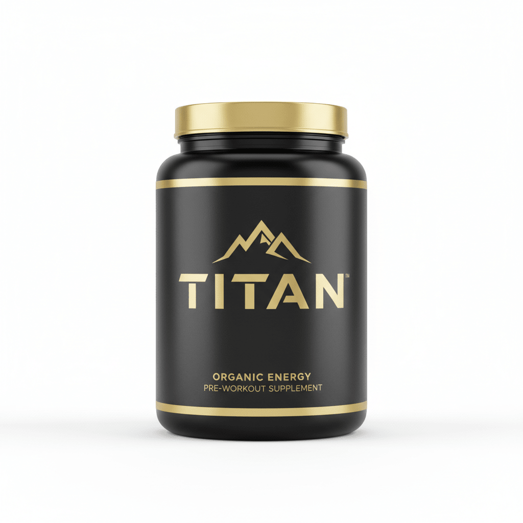 Black supplement jar with gold lid, "TITAN" logo, mountain icon, and "Organic Energy Pre-Workout" text in gold.