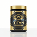 TITAN Pre-Workout black and gold tub featuring a roaring lion logo, lightning, and molecular graphics.