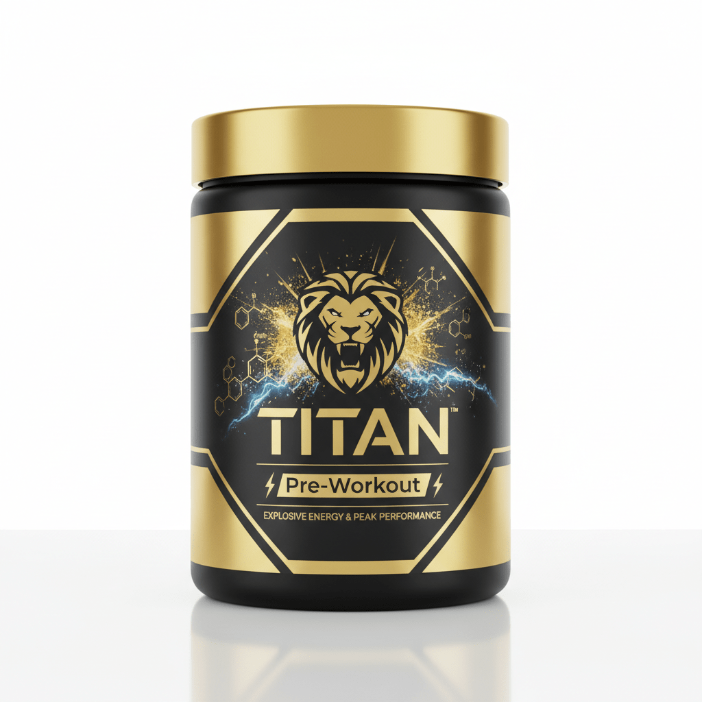 TITAN Pre-Workout black and gold tub featuring a roaring lion logo, lightning, and molecular graphics.