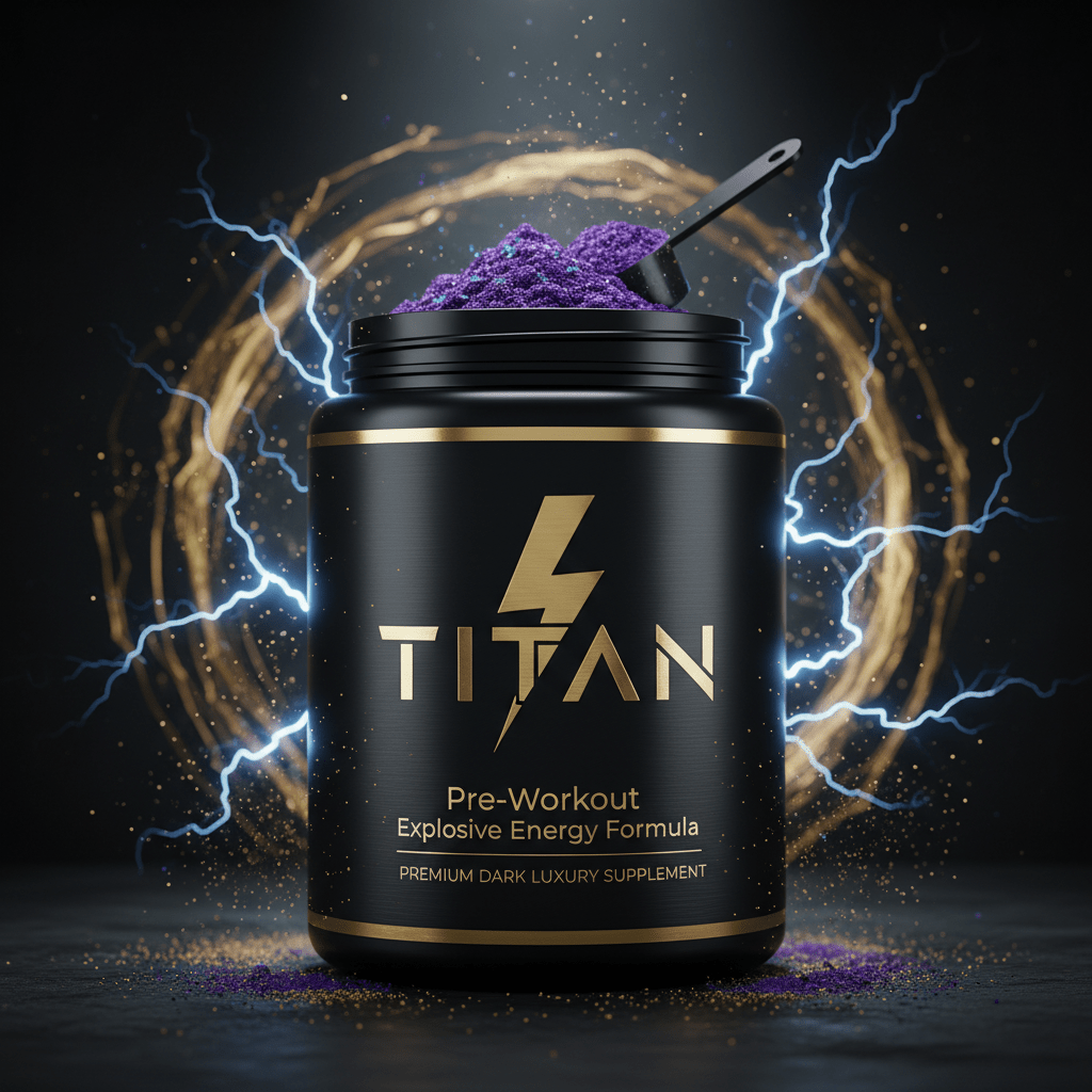 Black TITAN pre-workout tub with gold logo, purple powder, black scoop, and electric blue energy sparks on dark table.