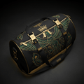 Black gym duffel with gold hardware, green phoenix graphic, crown emblem, and TITAN SPORT GLOBAL shoulder strap pad.