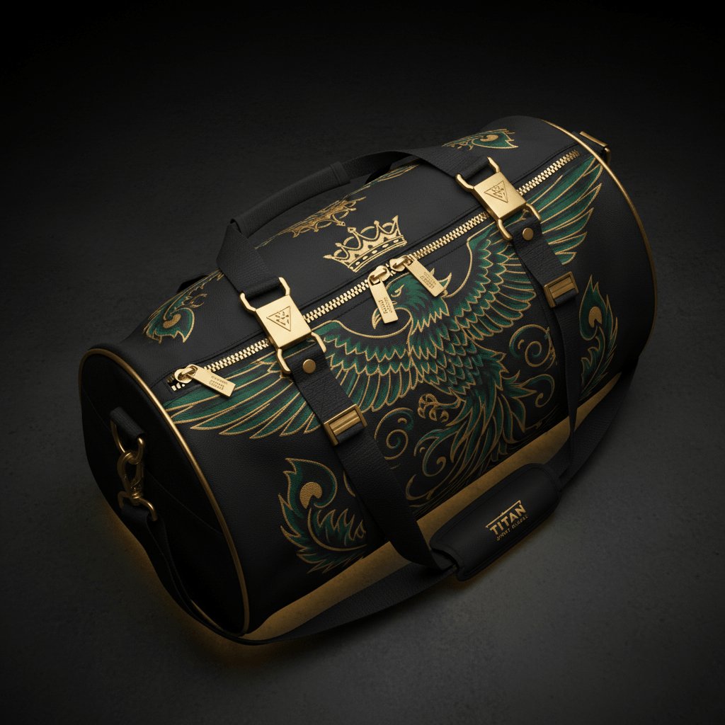 Black gym duffel with gold hardware, green phoenix graphic, crown emblem, and TITAN SPORT GLOBAL shoulder strap pad.