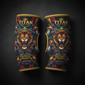 TITAN Pro Elbow Sleeves featuring a black background with a graphic of a crowned lion, barbell, chains, and red flames.