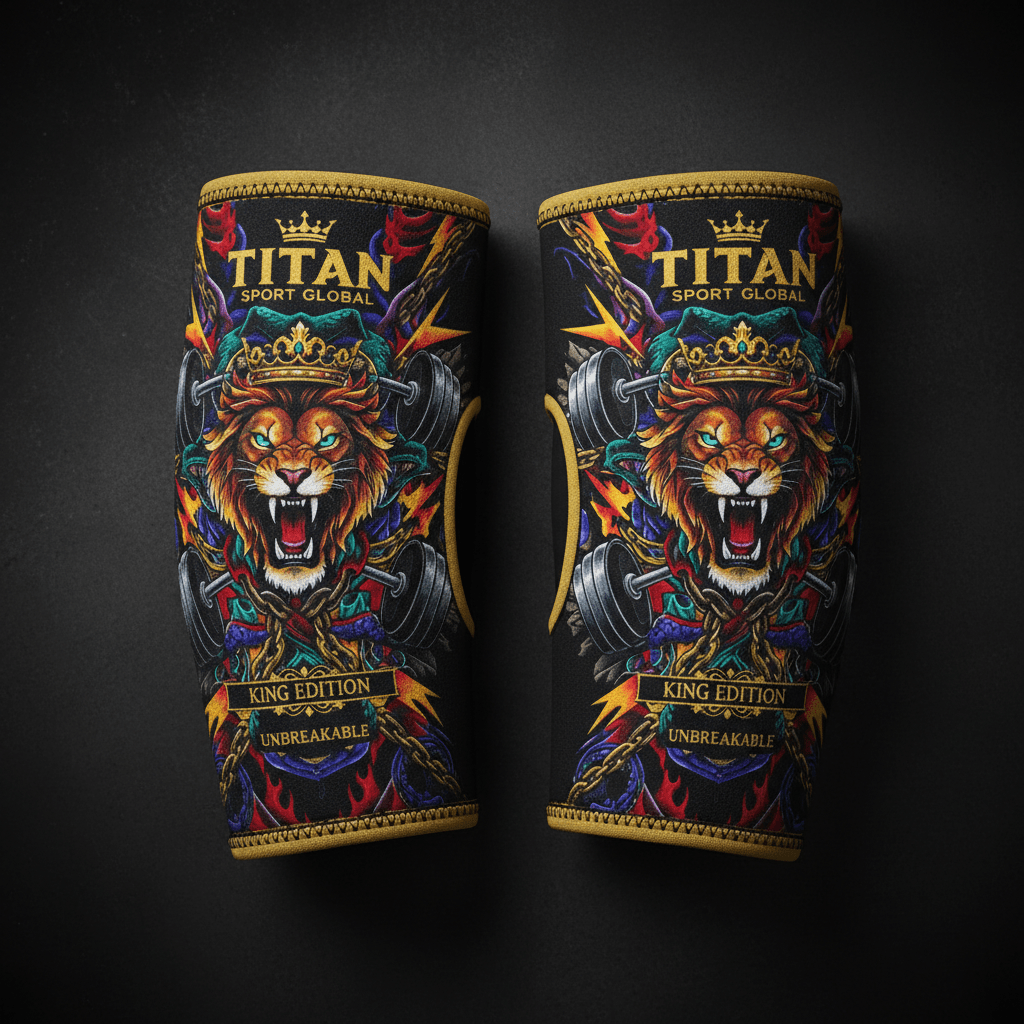 TITAN Pro Elbow Sleeves featuring a black background with a graphic of a crowned lion, barbell, chains, and red flames.