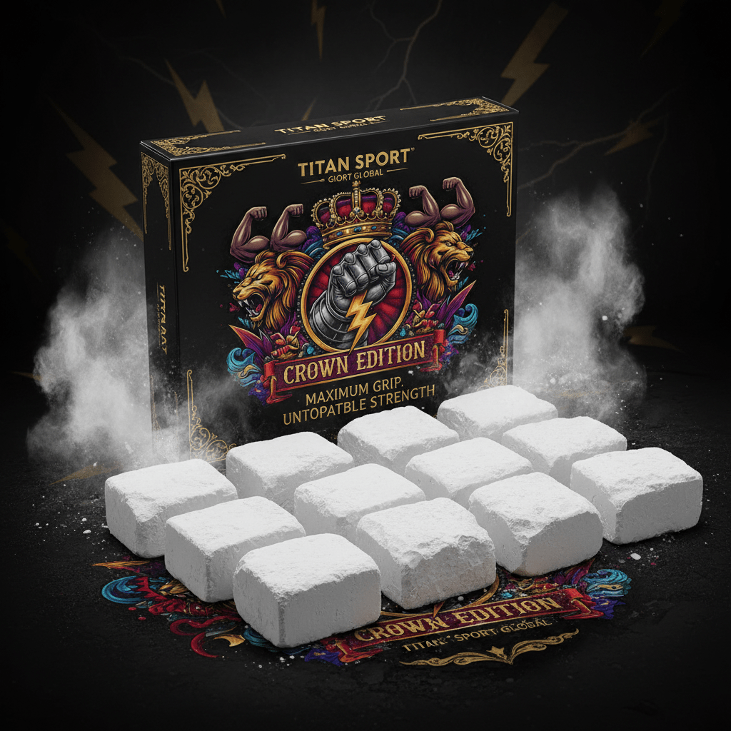 Ten white gym chalk blocks in front of a decorative black box with a lion, crown, and lightning bolt emblem.