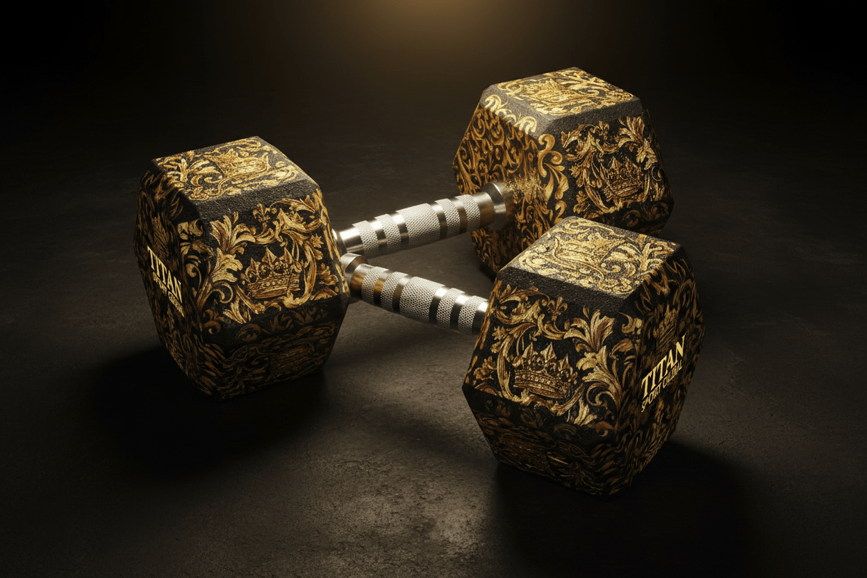 Pair of black rubber hex dumbbells with ornate gold filigree patterns, textured steel handles, and Titan Sport branding.