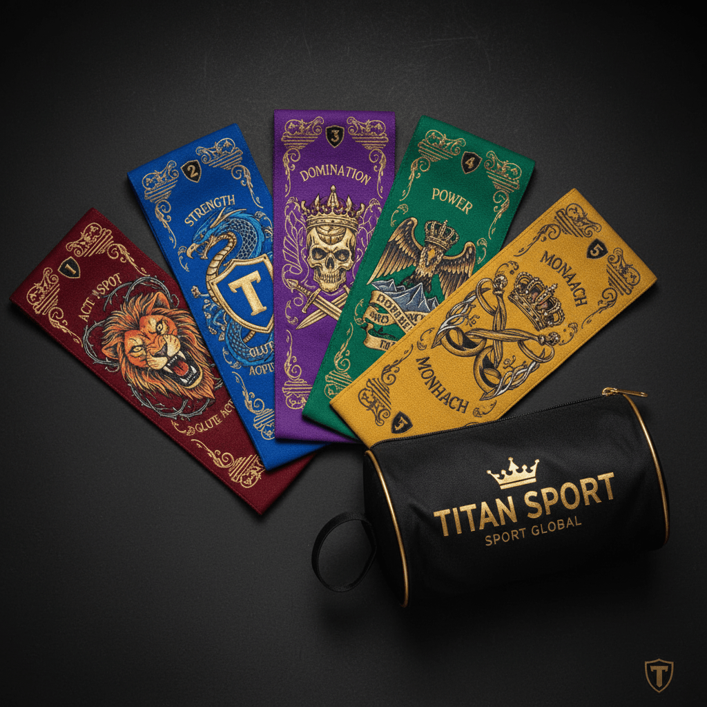 Set of 5 colorful, ornate resistance bands with heraldic designs and a black branded carrying case on dark background.