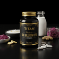 Black bottle of TITAN Probiotic 50 Billion CFU with gold labeling, surrounded by yogurt, ginger, and white capsules.