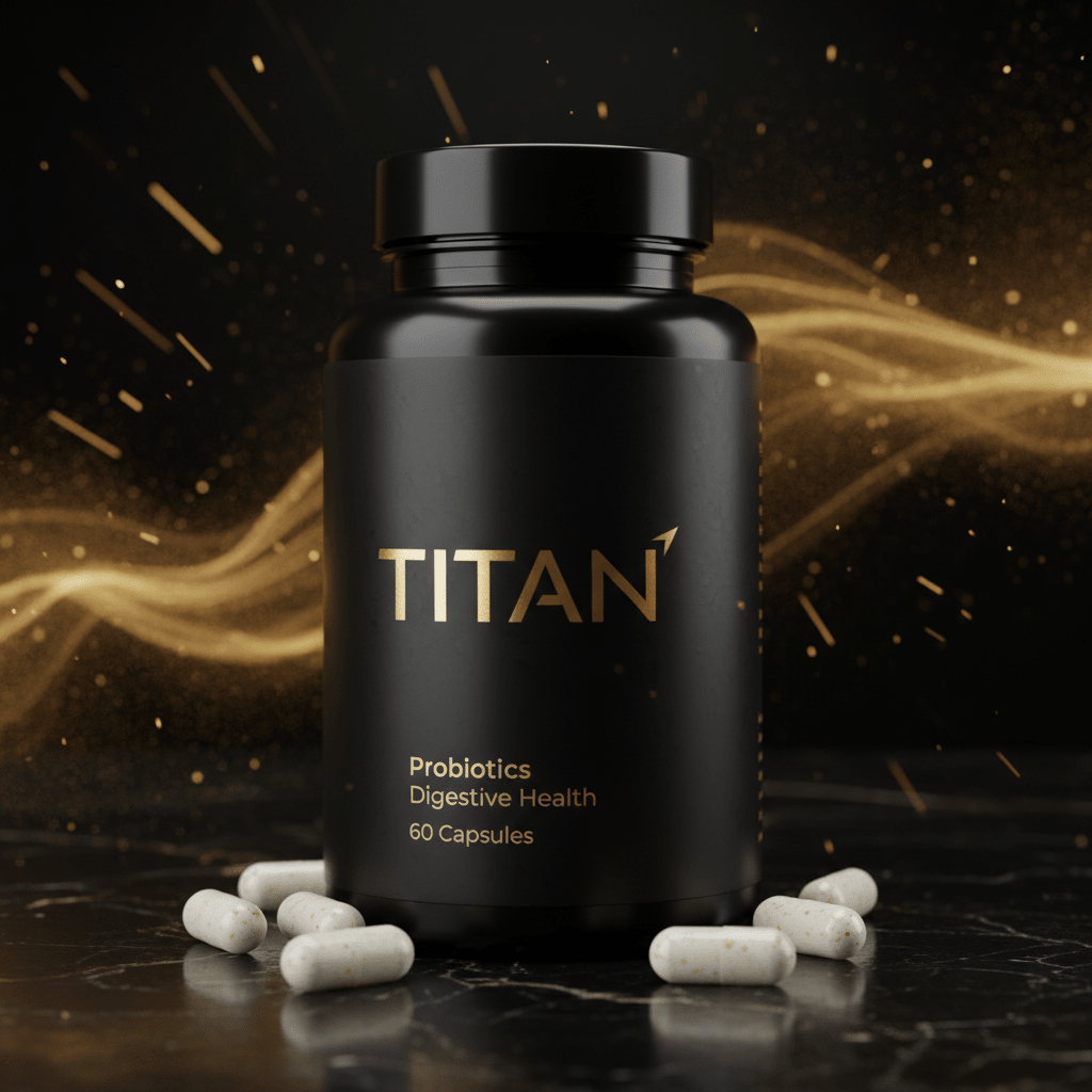 TITAN Probiotics black bottle with gold text, 60 capsules, on a marble surface with glowing abstract gold light trails.