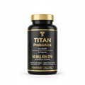 Black bottle of TITAN Probiotics with gold cap and text, featuring 50 billion CFU and 60 capsules on white background.