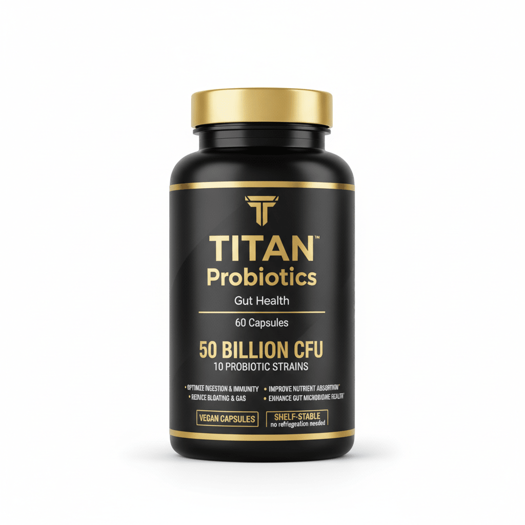 Black bottle of TITAN Probiotics with gold cap and text, featuring 50 billion CFU and 60 capsules on white background.