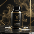 TITAN Probiotics bottle in black and gold on a dark marble surface with capsules and smoke, luxury style.