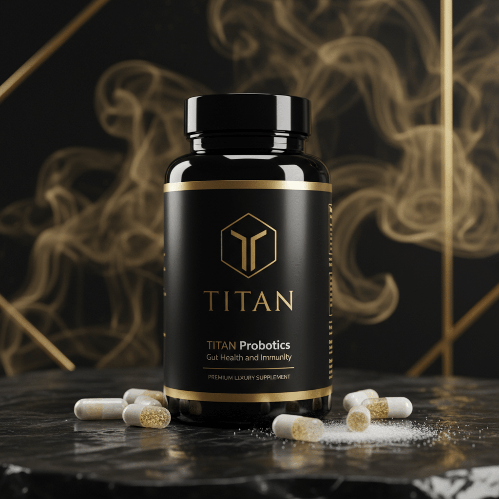 TITAN Probiotics bottle in black and gold on a dark marble surface with capsules and smoke, luxury style.