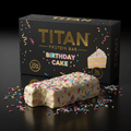 Black box of Titan Birthday Cake protein bars with a white-coated bar, colorful sprinkles, and 20g protein label.