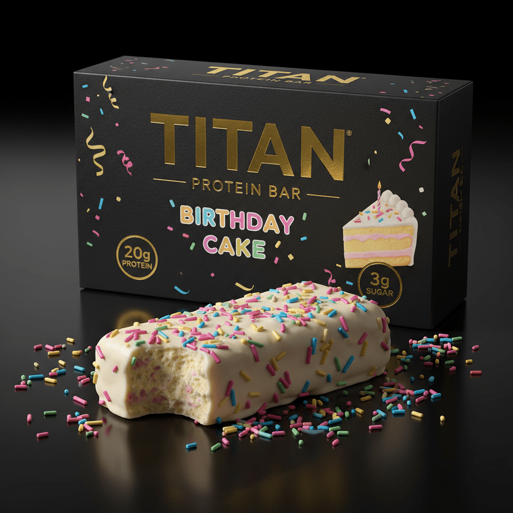 Black box of Titan Birthday Cake protein bars with a white-coated bar, colorful sprinkles, and 20g protein label.