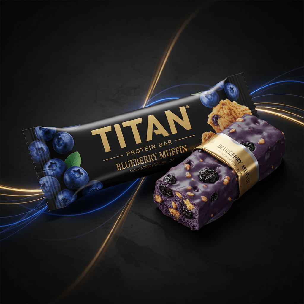 TITAN Blueberry Muffin protein bar with black wrapper, gold text, and purple-glazed bar with blueberries on black.