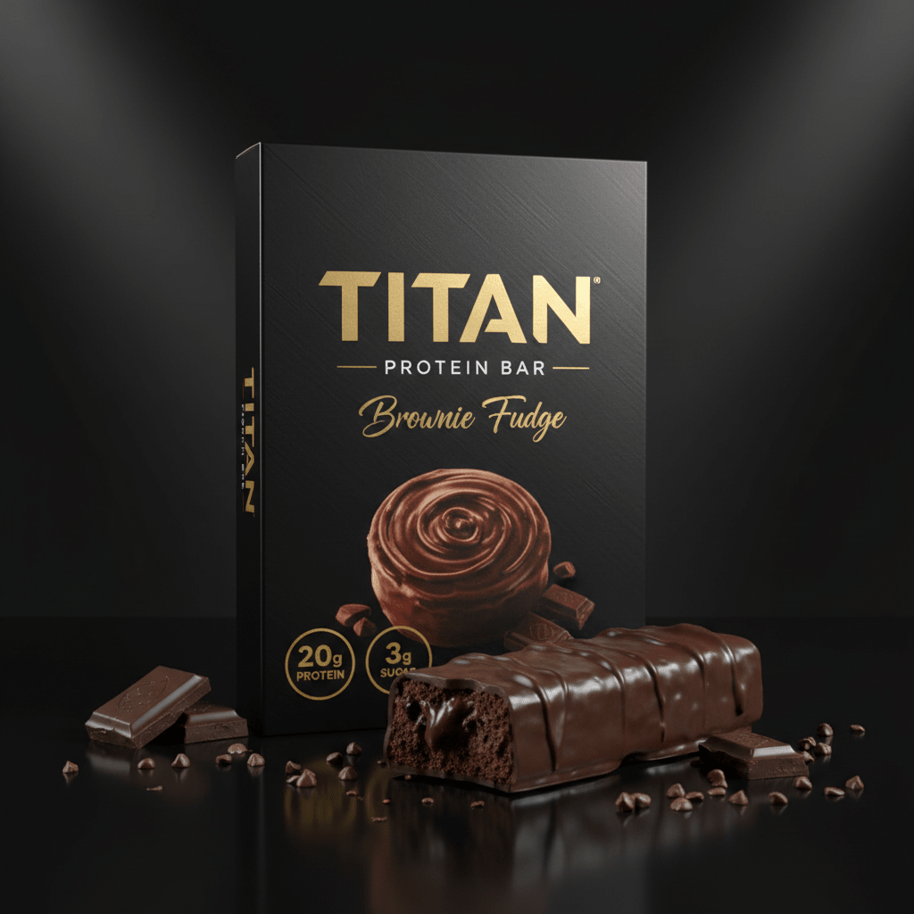 Black TITAN Brownie Fudge protein bar box with gold text, 20g protein/3g sugar labels, and a sliced chocolate bar.
