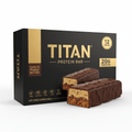 Black and gold box of TITAN Chocolate Peanut Butter protein bars, 12-pack, with two bars displayed in front.