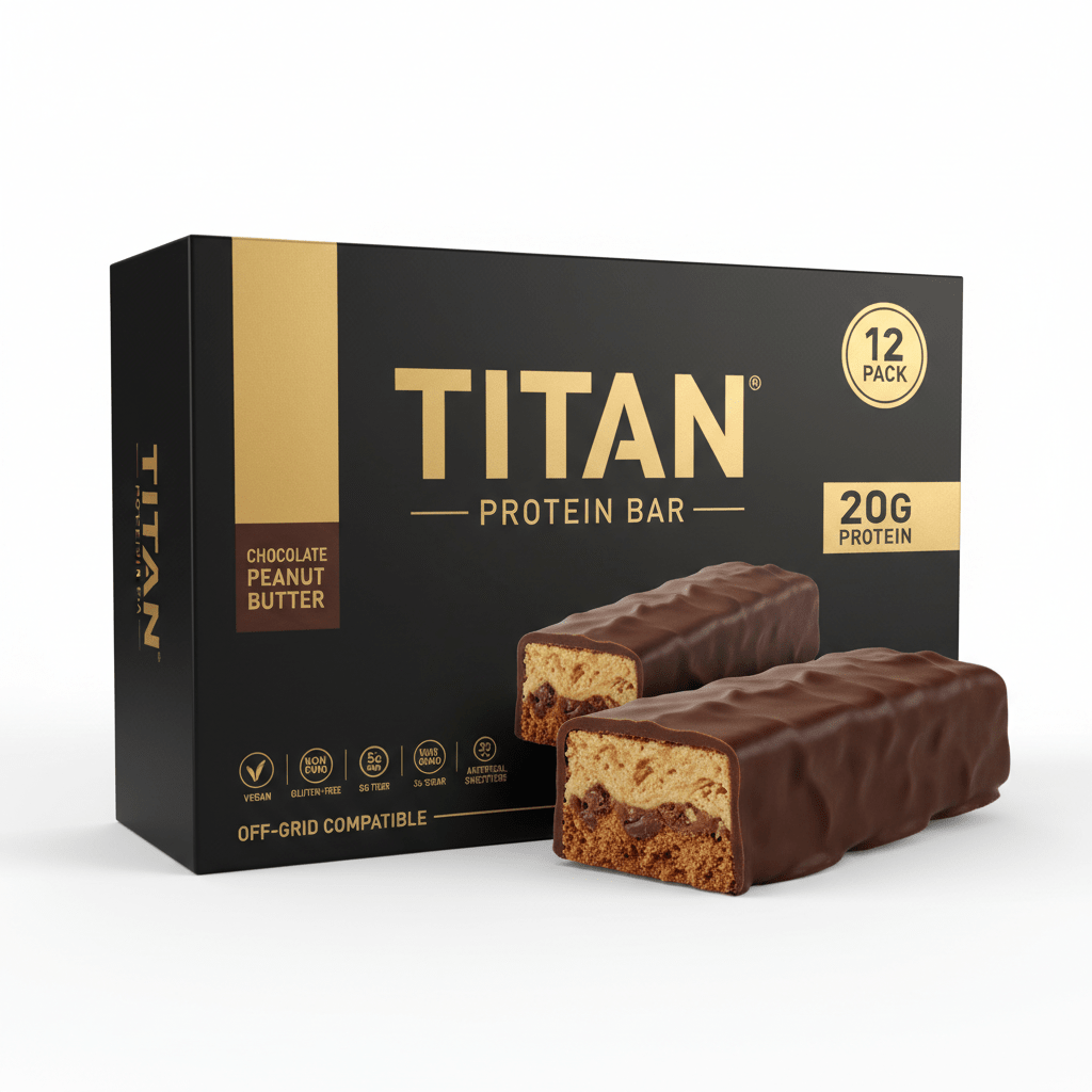 Black and gold box of TITAN Chocolate Peanut Butter protein bars, 12-pack, with two bars displayed in front.