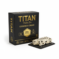 Black 12-pack TITAN Cookies & Cream protein bar box with gold text next to a bitten bar on a black slate tray.