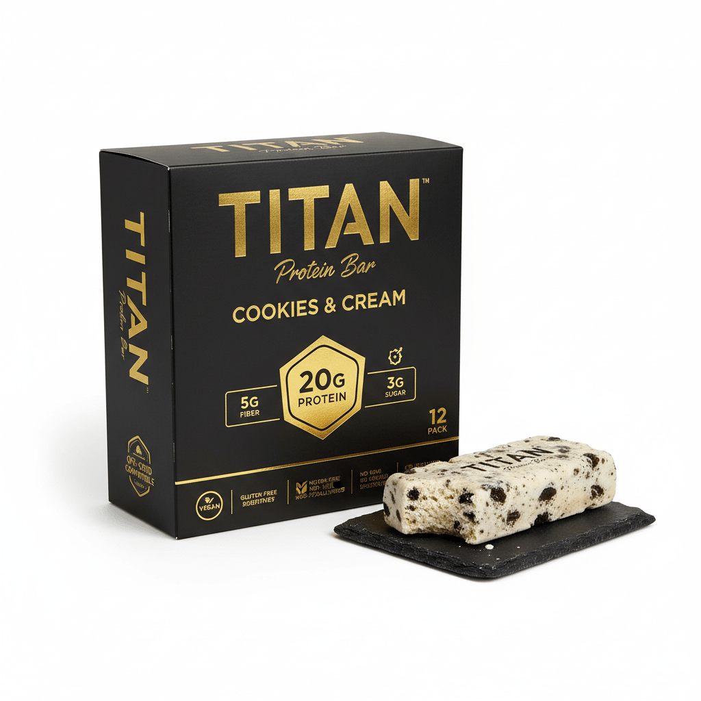 Black 12-pack TITAN Cookies & Cream protein bar box with gold text next to a bitten bar on a black slate tray.
