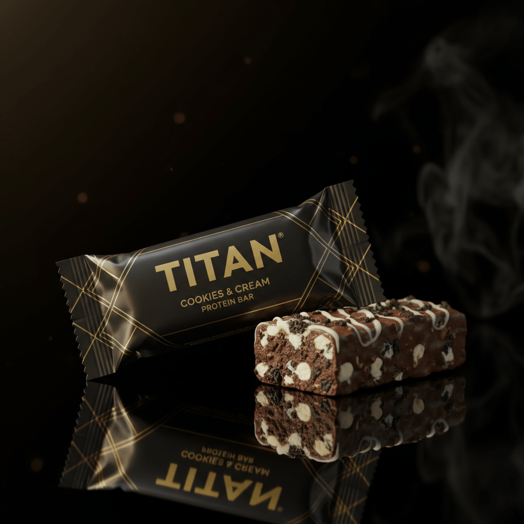 TITAN Cookies & Cream protein bar in black gold-patterned wrapper next to a chocolate bar with white drizzle on black.
