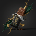 TITAN Mint Chocolate Chip protein bar in black packaging, surrounded by dynamic gold and dark green splashes.