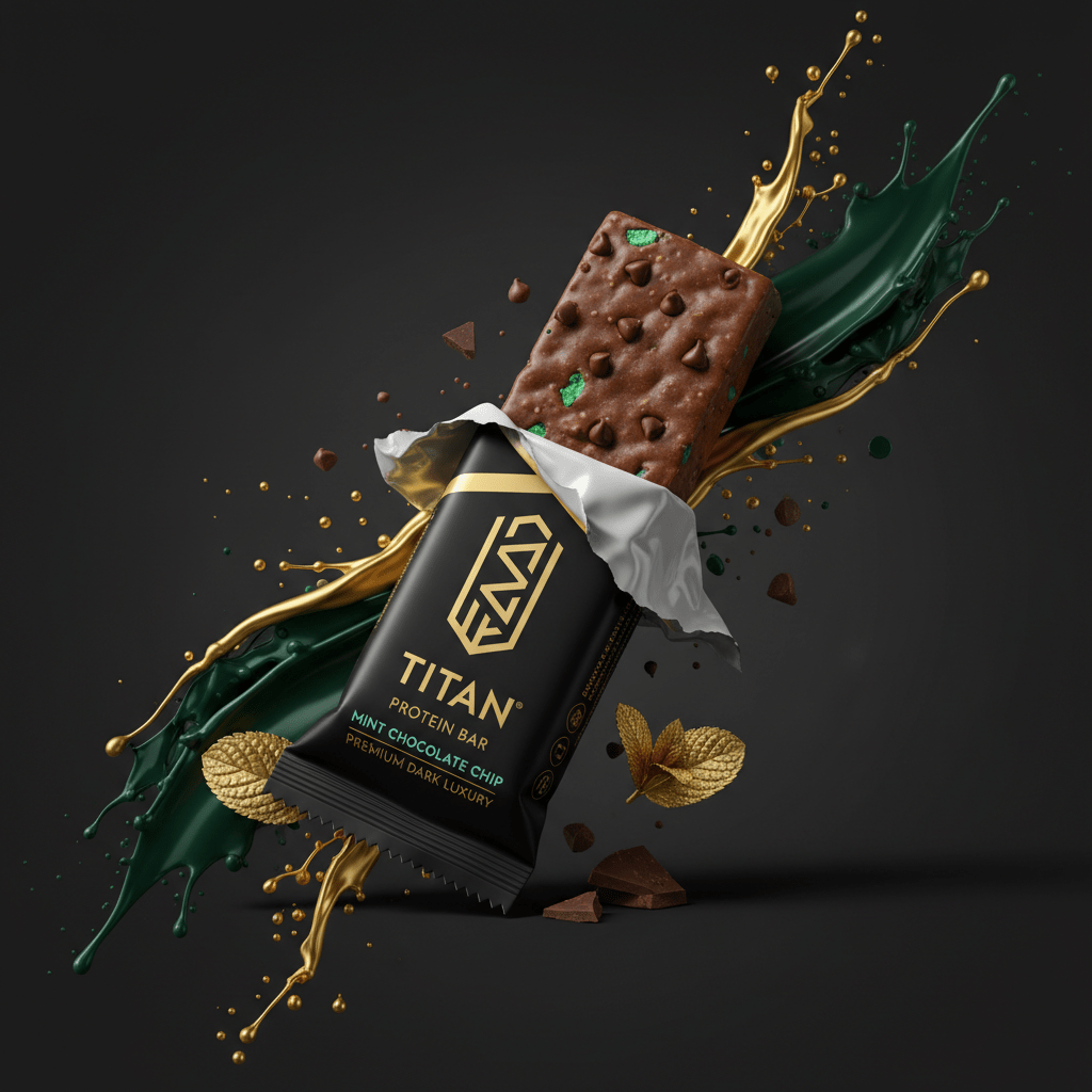 TITAN Mint Chocolate Chip protein bar in black packaging, surrounded by dynamic gold and dark green splashes.