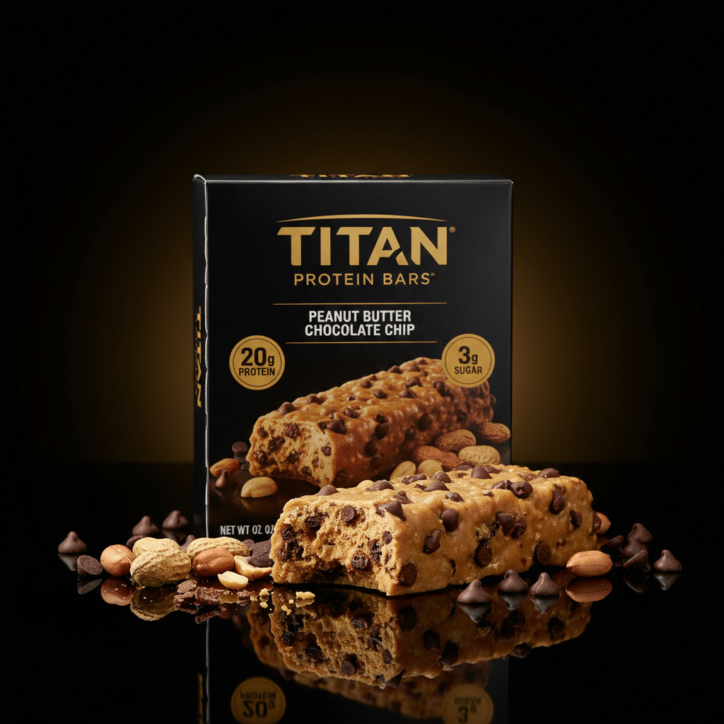 TITAN Peanut Butter Chocolate Chip protein bar box with a bitten bar, scattered chocolate chips, and peanuts.