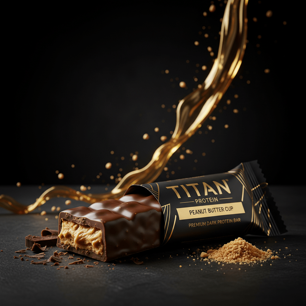 TITAN Peanut Butter Cup protein bar partially unwrapped, showing chocolate coating, creamy filling, and gold accents.