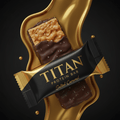 TITAN Salted Caramel protein bar with chocolate coating on a flowing gold background, black packaging with gold text.