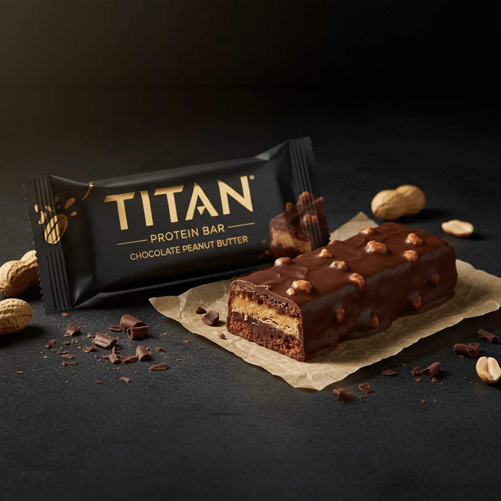 TITAN Chocolate Peanut Butter protein bar in black packaging next to a halved bar on parchment paper with peanuts.