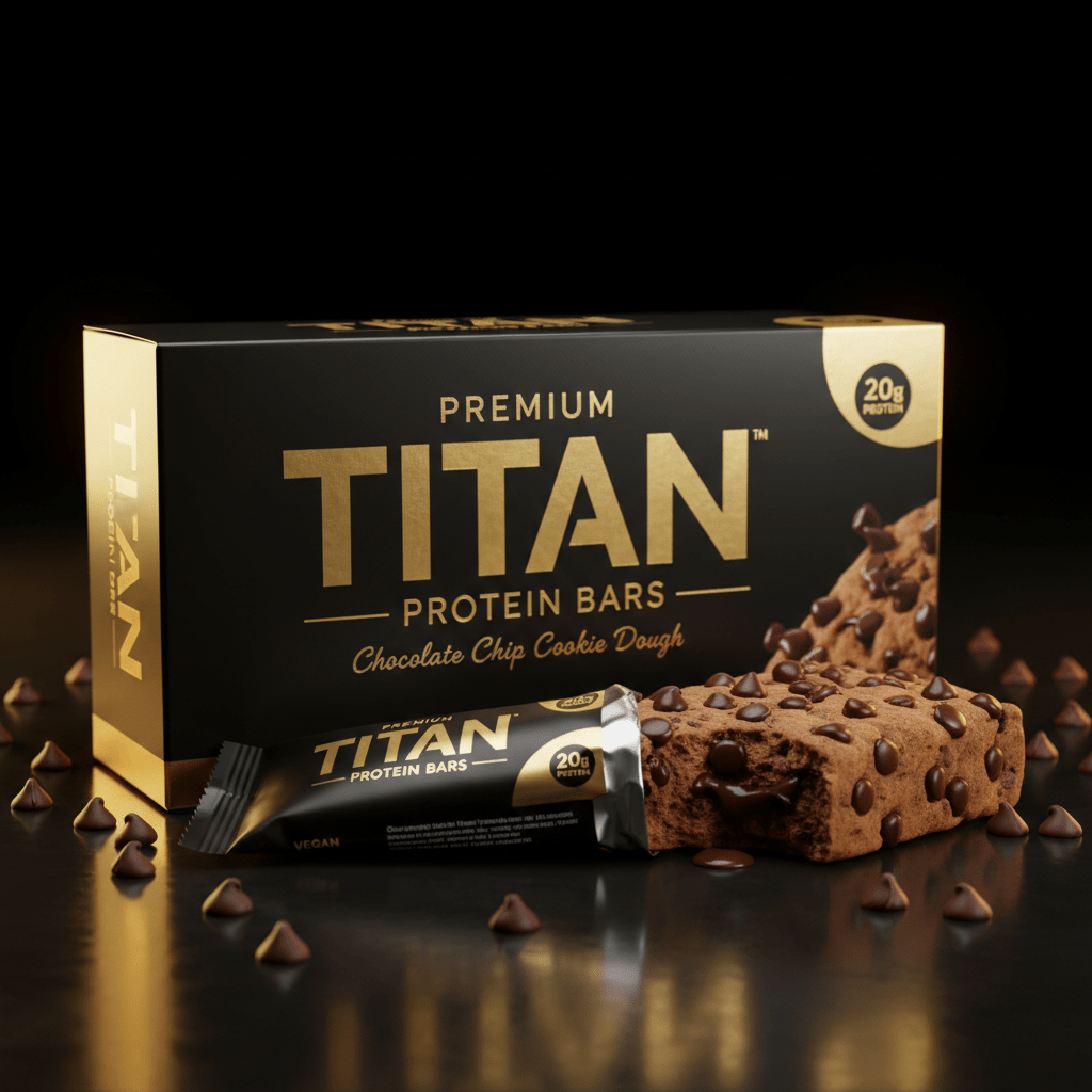 Black and gold box of Titan Chocolate Chip Cookie Dough protein bars with a single bar and scattered chocolate chips.