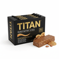 TITAN Peanut Butter protein bar 12-pack box with gold text, featuring a textured bar, whole peanuts, and nut butter.