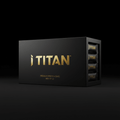 Black box of 12 TITAN protein bars with gold metallic logo, branding, and text on a dark background.