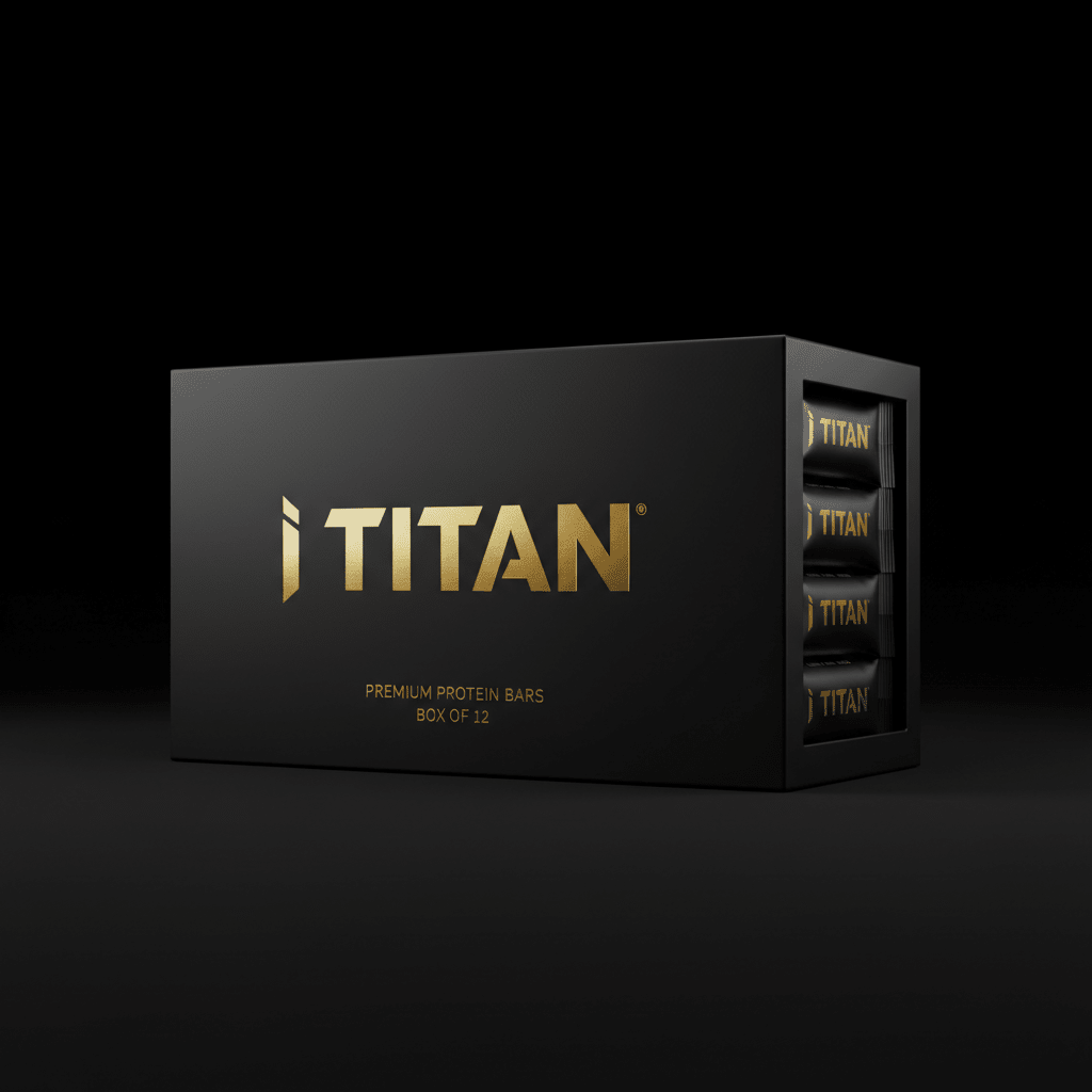 Black box of 12 TITAN protein bars with gold metallic logo, branding, and text on a dark background.