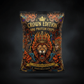 Black Titan Crown Edition BBQ Protein Chips bag with a roaring lion, fiery ornate details, and gold crown graphics.